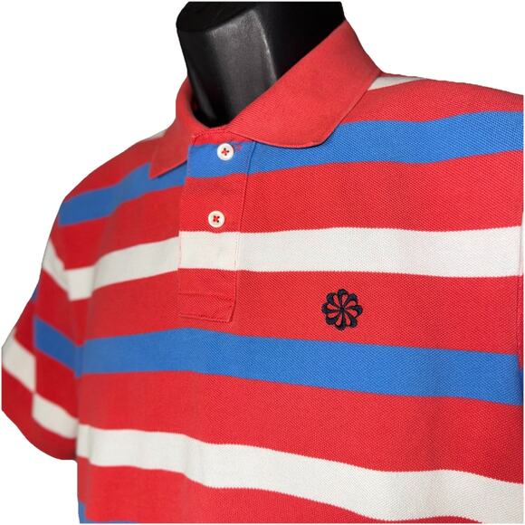 Nike Sportswear Men LG Red Blue White Stripe Polo Shirt Pinwheel Logo Cotton - Picture 2 of 8